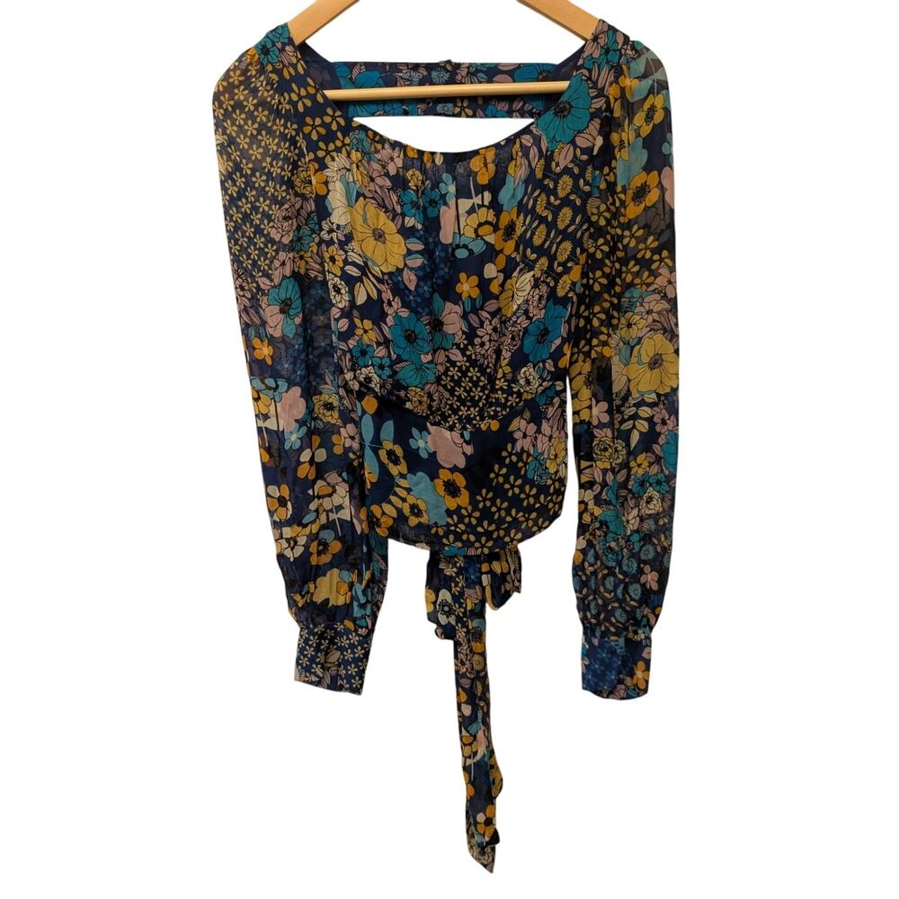 Maeve Anthropologie Puff-Sleeved Tie-Back Blouse Floral Print Lined Cottagecore